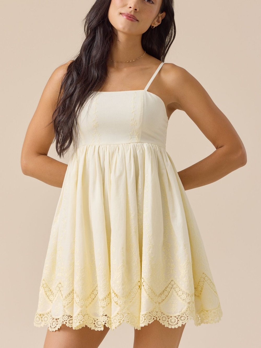 Altar'd State Cream Vintage Yellow Lace-Trim Mini Dress